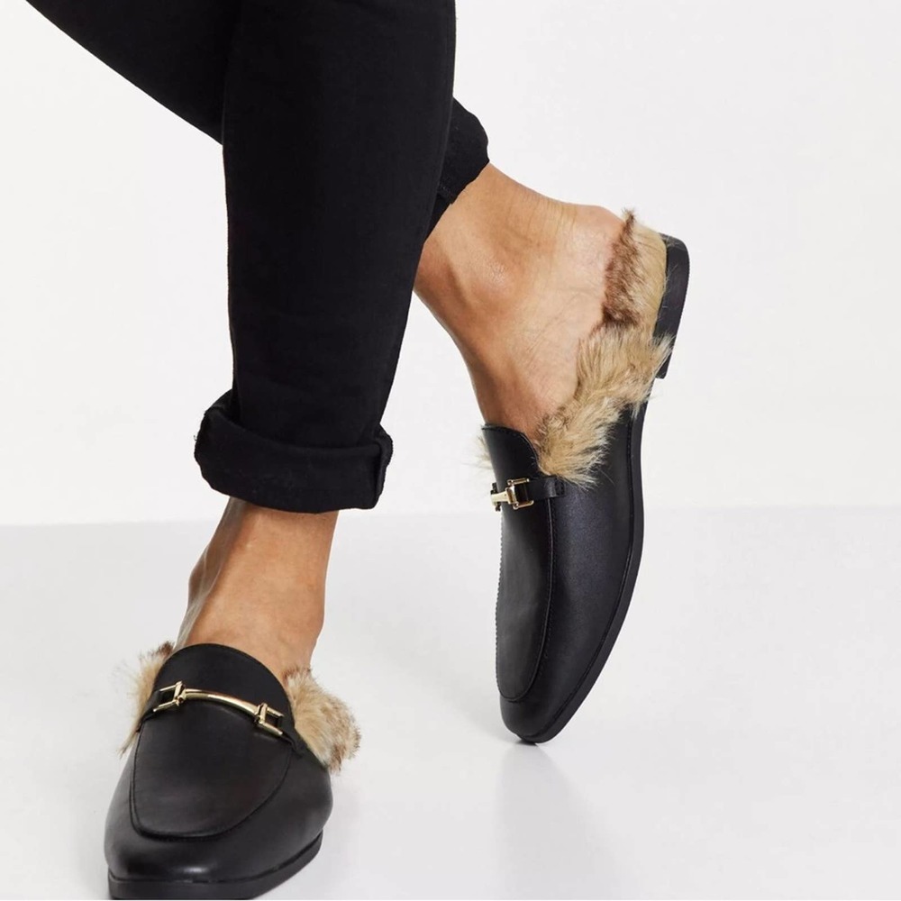 ASOS DESIGN Men’s Backless Mule Loafer Size 8 Black Faux Leather With Faux Fur